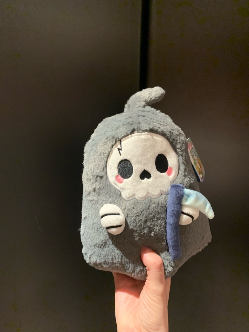 Gray Plush Grim Reaper Stuffed Animal with Blue Scythe - Kids Plush Toy